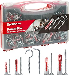 Fischer PowerBox 564282 Lot de 180 chevilles DuoPower avec vis et crochets pour mur plein, perforé et cloison sèche, 360 pièces au total,
