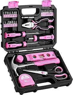 DEKO Boîte à outils complète rose 42 pièces, mallette, boîte à outils bricolage, cadeaux pour femme, maison, bureau et voiture, pour entretien quotidien