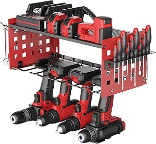 Yeabett Étagère de rangement à 2 couches pour outils électriques, étagère à outils pour 4 supports de perceuse, support mural robuste pour garage, maison, atelier (rouge)