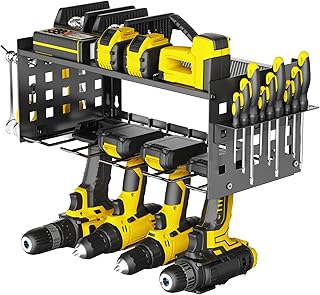 Yeabett Étagère de rangement à 2 couches pour outils électriques, étagère à outils pour 4 supports de perceuse, support mural robuste pour garage, maison, atelier (noir)