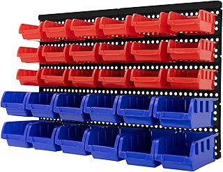 ECD Germany Etagère à Outils Murale avec 30 Boîtes de Rangement Empilables Bleu-Rouge, 18 Petits/12 Grands Bacs avec Compartiment pour Étiquettes, Étagère d